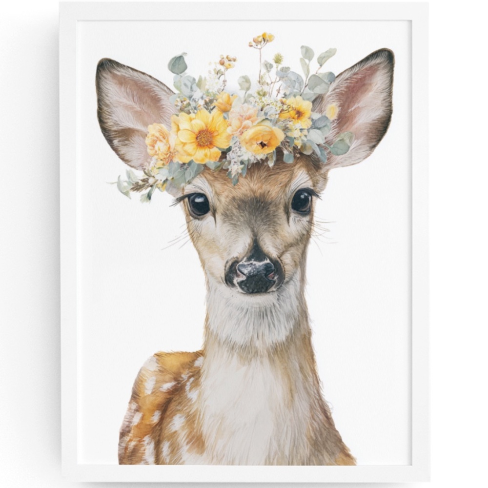 Watercolor Deer with Flower Wreath Illustration Wall Art Print Poster, Unframed
